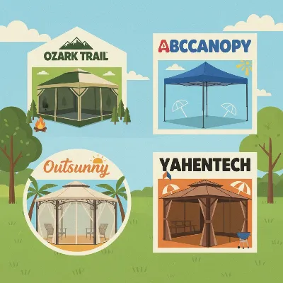 A collage of logos and tents from top budget-friendly gazebo brands