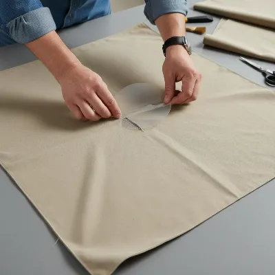 A person's hands carefully applying a repair patch to a gazebo tent canopy tear, demonstrating a step in the repair process.