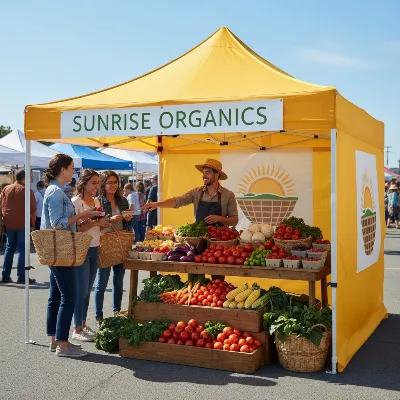 A vibrant commercial-grade gazebo tent with custom branding set up at a bustling farmers market, showcasing fresh produce and attracting customers.