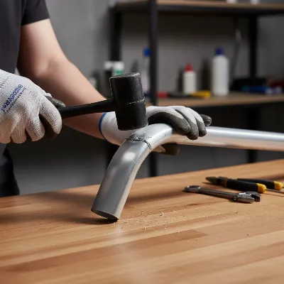 Repairing a bent gazebo pole with a hammer on a flat surface