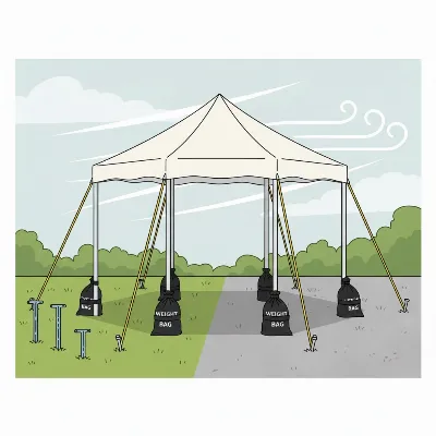 Various anchoring techniques for securing a gazebo tent in high winds, showing stakes, weight bags, and guy ropes on different surfaces.