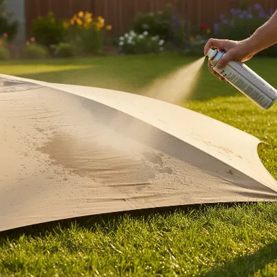Applying waterproofing spray evenly on old gazebo canvas for DIY protection