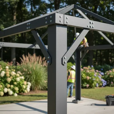 A close-up shot of a gazebo frame being constructed, highlighting the sturdy metal or wood components and structural integrity.