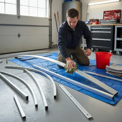 Man cleaning and drying gazebo frame for storage, preventing rust and wear