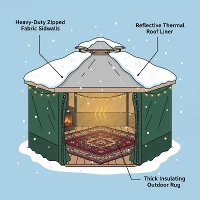 Various insulation layers applied to a gazebo tent for winter, including sidewalls, flooring, and roof covering. 