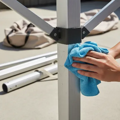 A person cleaning and inspecting a commercial gazebo tent frame, emphasizing proper maintenance for longevity.