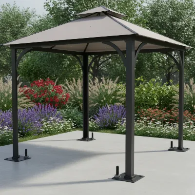A modern gazebo tent anchored securely to a concrete patio with visible bolts, surrounded by lush garden.