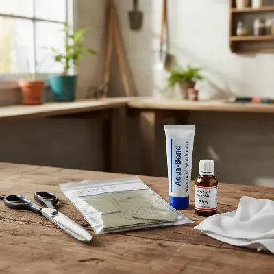 Essential tools and materials for repairing a gazebo tent canopy tear, including patches, glue, scissors, and cleaning supplies on a workbench.