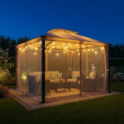 Semi-permanent gazebo tent with mosquito nets in a stylish backyard at night, illuminated with string lights.