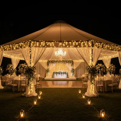 A beautifully decorated gazebo tent at night for a wedding reception, illuminated with fairy lights and elegant drapes, creating a magical ambiance.