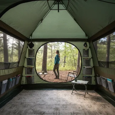 Interior view of a spacious Gazelle T4 Pop Up Gazebo Tent, showing comfortable standing room, large mesh windows, and internal storage pockets, with a person inside to illustrate scale.