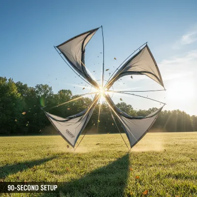 A Gazelle T4 Pop Up Gazebo Tent rapidly unfolding during its quick 90-second setup in a green field with trees in the background, under a bright sky.
