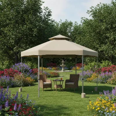 Mastercanopy Pop Up Gazebo Tent set up in a vibrant outdoor garden with a roof vent and waterproof fabric.