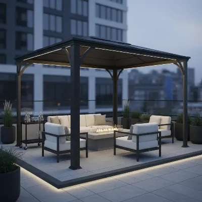Sleek modern metal gazebo on a contemporary patio.