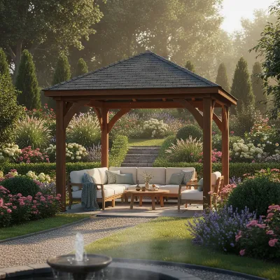 An elegant open gazebo tent in a vibrant garden, perfect for unhindered views and fresh air.