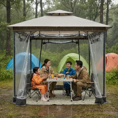 A family enjoying a waterproof gazebo tent during a rainy camping trip.