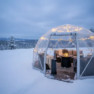 A safe electric heater installed in a cozy gazebo tent with side walls and insulated flooring, during winter.