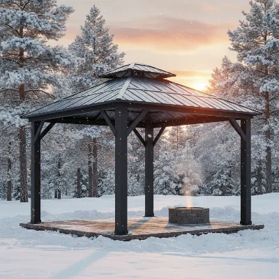 A robust hardtop gazebo stands strong amidst a snowy winter landscape, featuring a steeply pitched roof and sturdy steel frame, designed for heavy snow loads.
