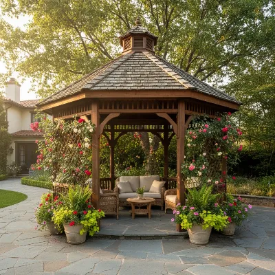 A beautiful, traditional wooden gazebo tent on a spacious patio, surrounded by lush greenery and flowers, with warm sunlight filtering through the structure.